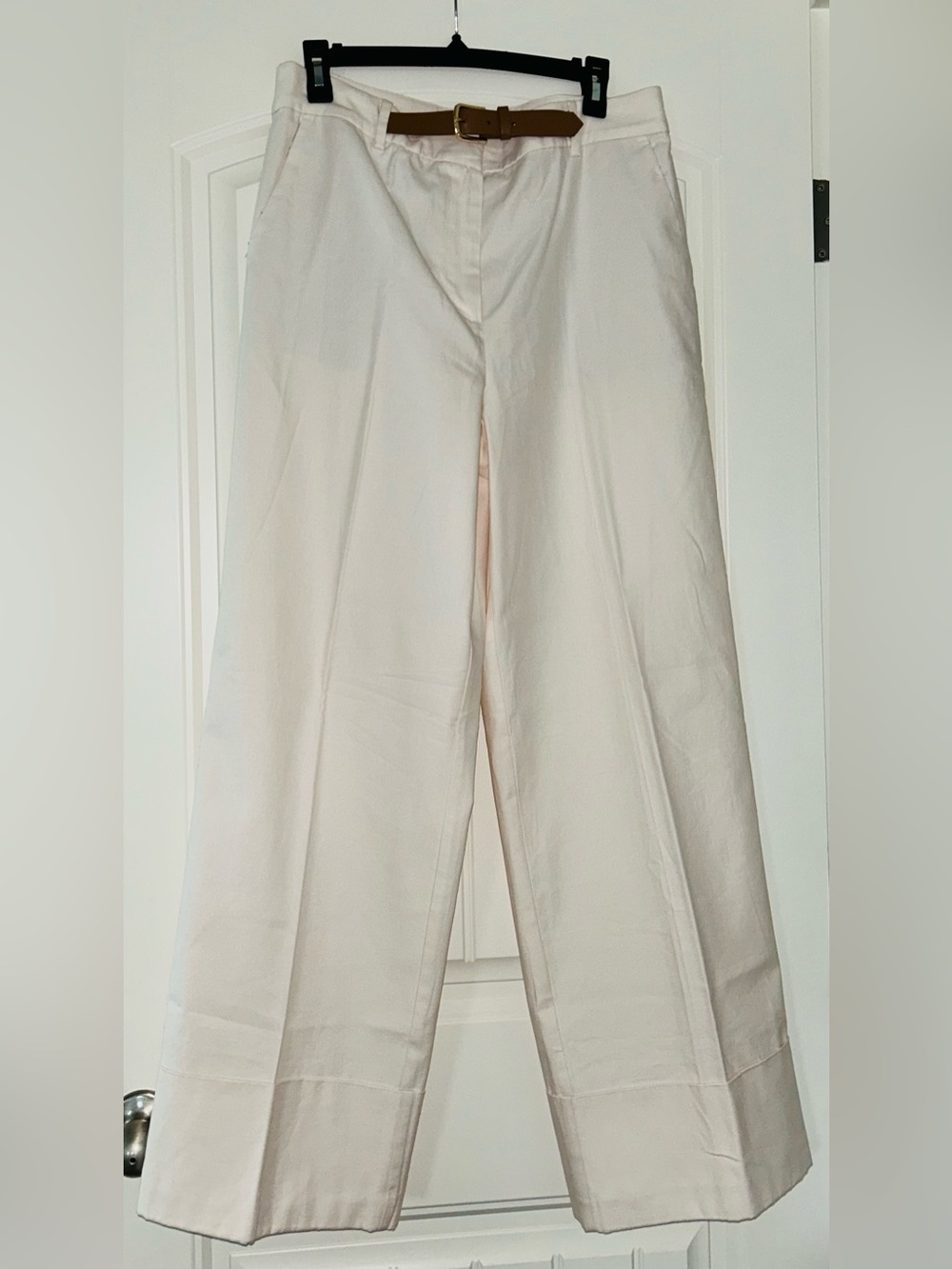 LOFT Whisper White Stovepipe Pants with Brown Faux Leather Belt